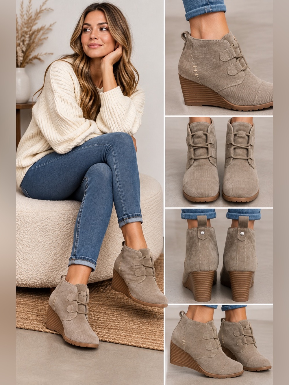 Rampage Krispy Wedge Ankle Boots 8.5 Taupe Lace Up Corduroy NEW